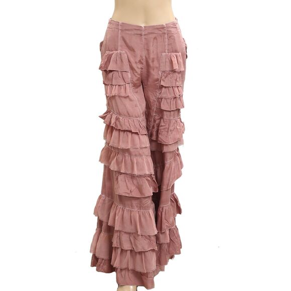 Free People Rock And Frill Pants Ruffle Mauve Tiered Smocked Pull-on S 283589 - Picture 4 of 10